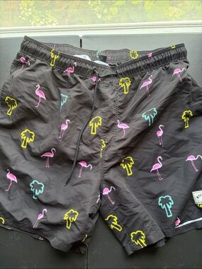 SHEIN Black Swim Trunks with Pink Flamingo & Yellow/Teal Palm Print